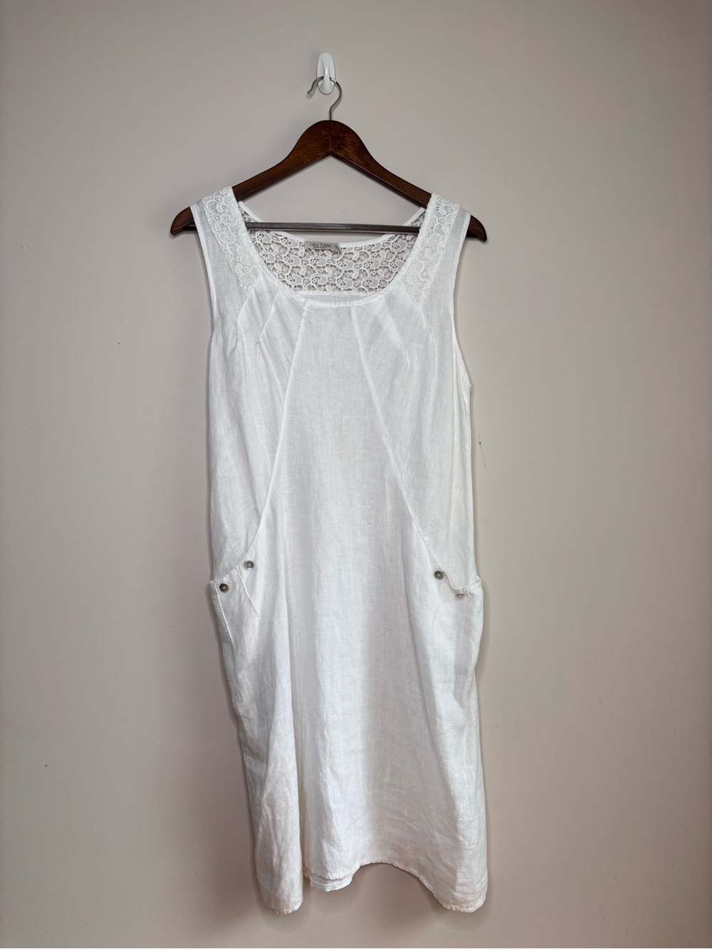 Lina Tomei White Linen Sleeveless Dress Lace Yoke Pockets Medium - Picture 2 of 9